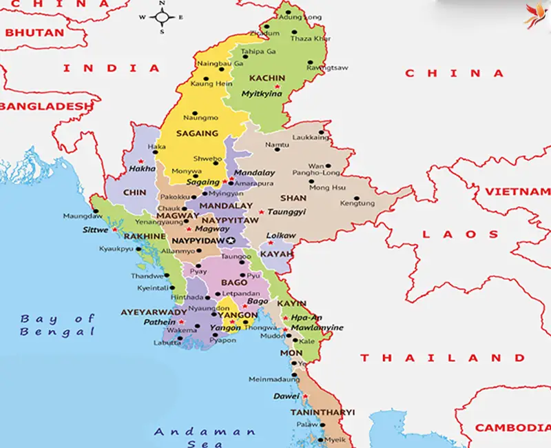 نقشه میانمار و همسایگان