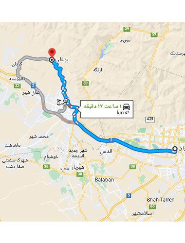 مسیر رفتن به برغان، فاصله از تهران